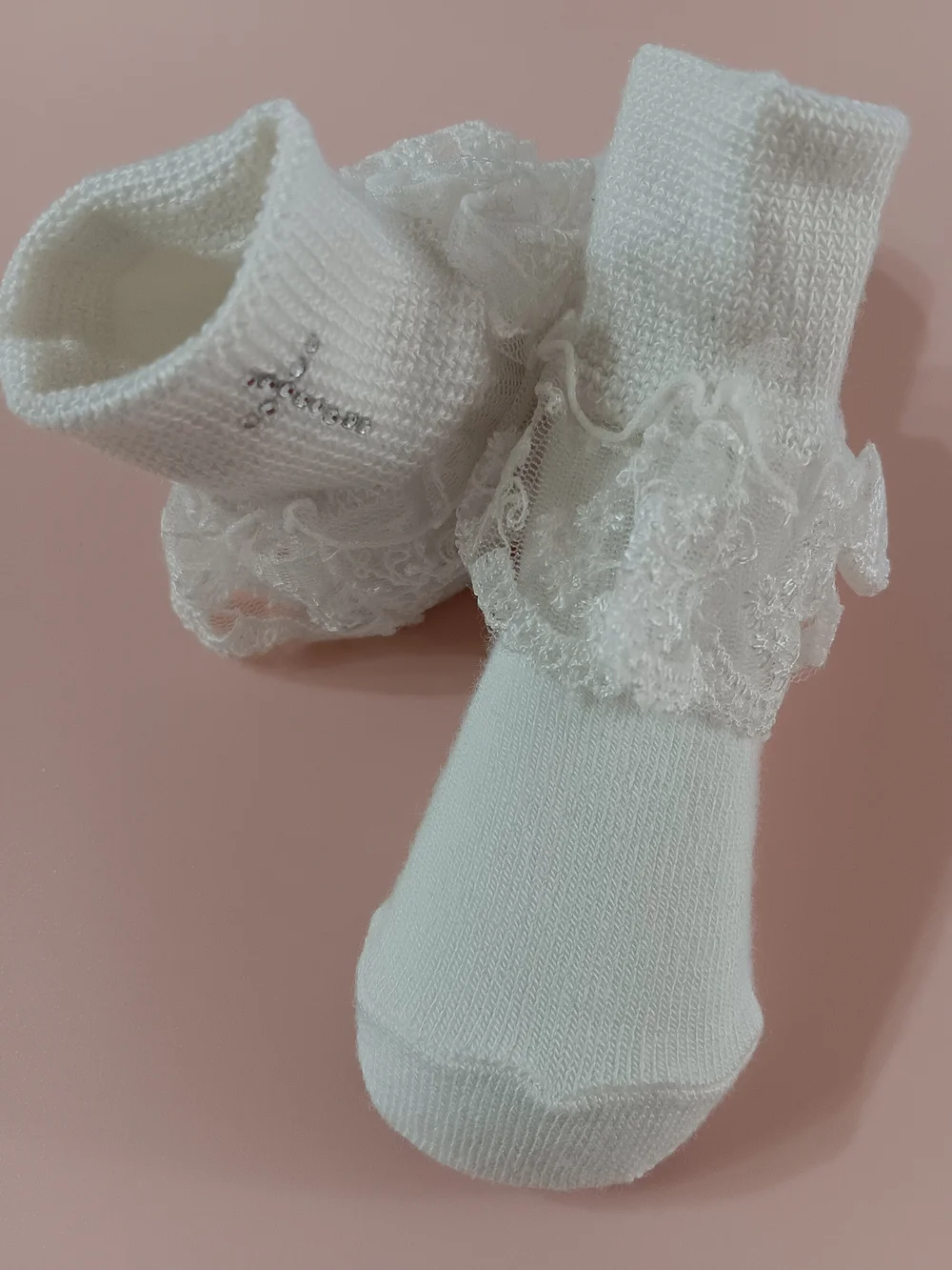 White Lace Ruffle Ankle Socks with Crystal Cross